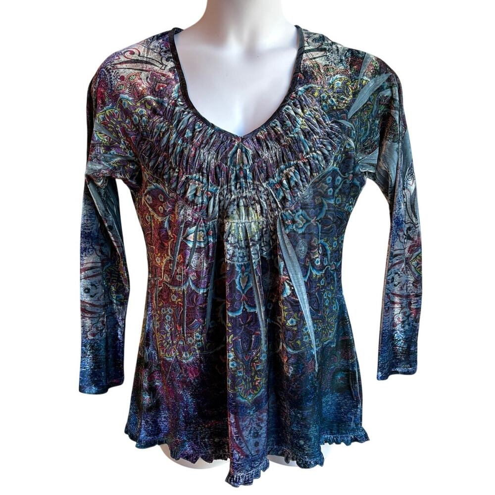 One World Psychedelic Velour V-Neck Top with Ruffles and Smocking Detail size L - Picture 3 of 11